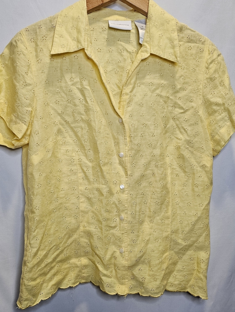 Yellow Eyelet 100% Linen Button Front Shirt Scalloped Hem Cottagecore